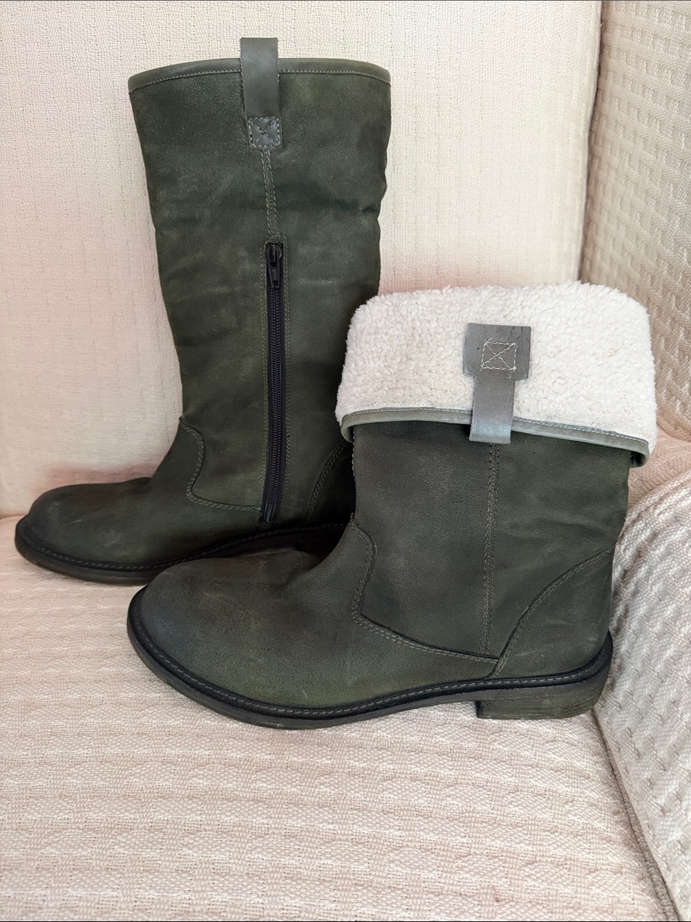 Women’s Olive Green Suede Mid-Calf Shearling-Lined Boots